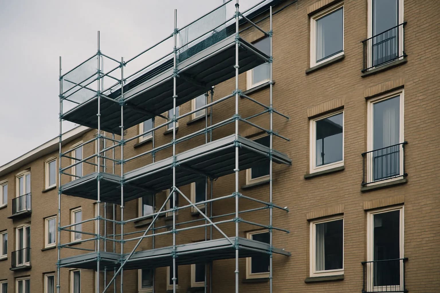 Steiger tegen de gevel van een baksteengebouw in ochtendlicht
